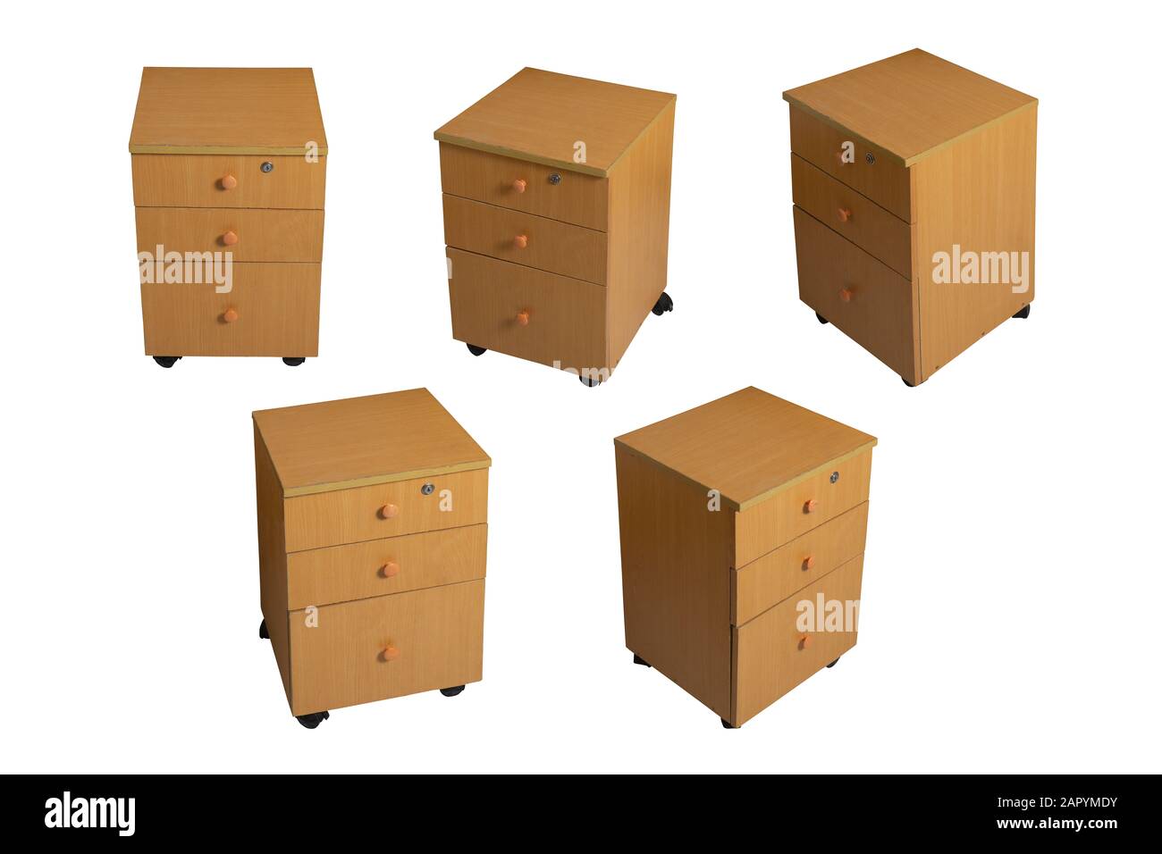 Cinq points de vue différents de la table de nuit à tiroir en bois. Idéal pour les artistes numériques Banque D'Images