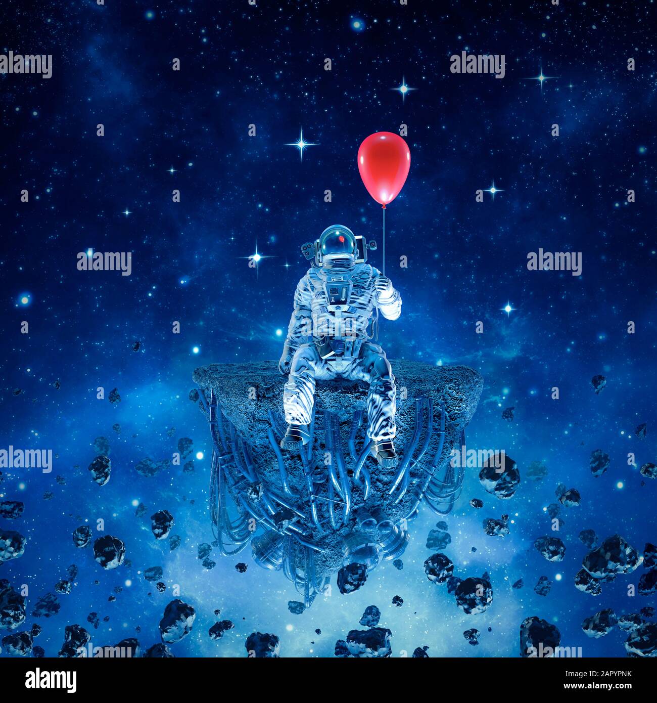 Partie d'une / 3-  illustration de la scène de science-fiction surréaliste avec l'astronaute assis sur l'astéroïde artificiel tenant ballon rouge dans l'espace Banque D'Images