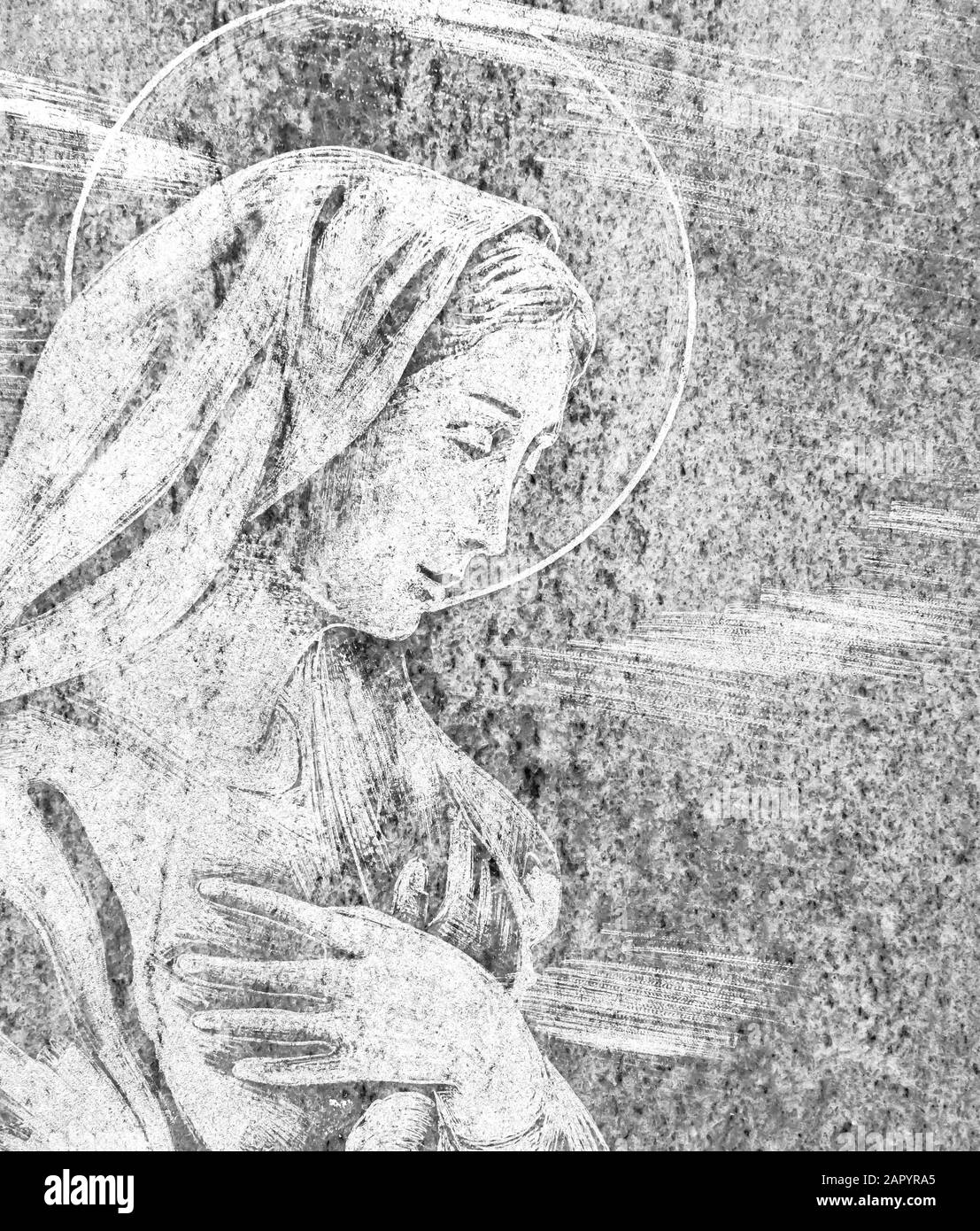 Portrait de la Vierge Marie sur pierre en noir et blanc. Idéal pour les concepts et les événements. Banque D'Images