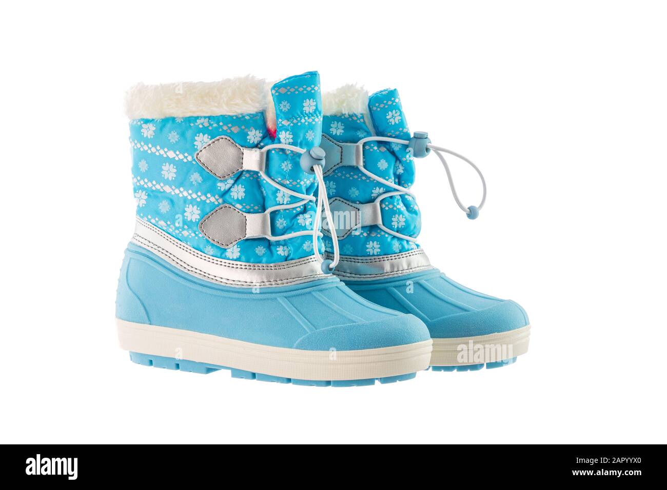 Hiver neige bottes bleues sur fond blanc. Banque D'Images