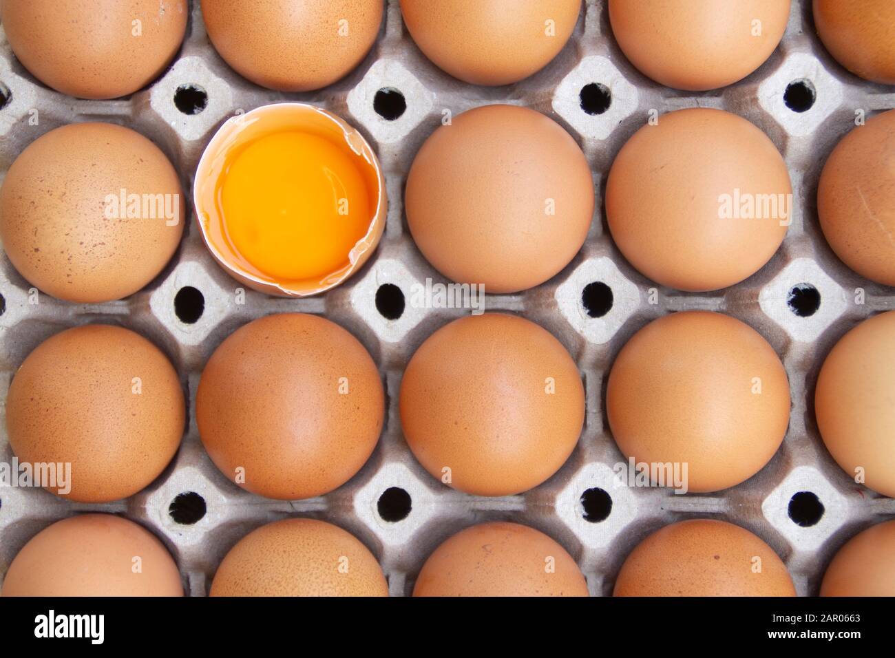 L'oeuf de poulet brun est à moitié cassé entre autres œufs, Les Œufs emballés dans du carton ou des boîtes pour le transport, l'oeuf de poulet Banque D'Images