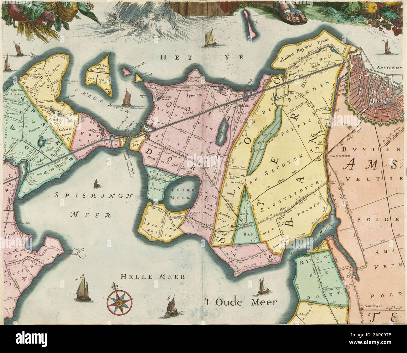 Plan mural de Rhénanie, [détail]. Relié par les numéros d'inventaire 76 et 106, dans une belle sangle en cuir (format 47 x 33 cm), avec les cartes du Landen van Woerden (inv.nr. 76) et le Vijfheerenlanden (inv.nr. 106). Date: 1647 Banque D'Images
