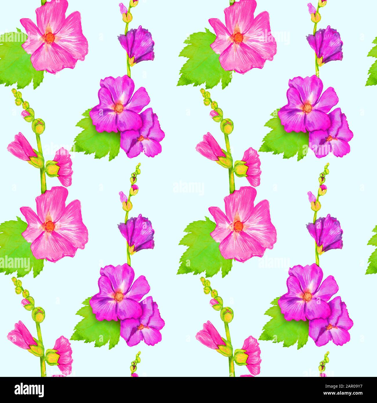 Rose-violet Alcea rosea (hollyhock commun, fleur de malle) tige avec feuilles et bourgeons verts, aquarelle peinte à la main, motif sans couture sur bleu doux Banque D'Images