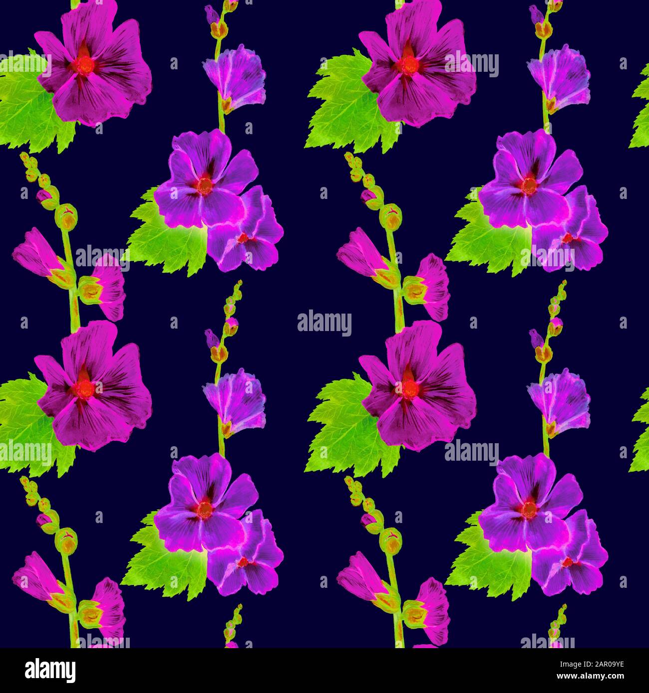 Rose-violet Alcea rosea (commun hollyhock, fleur de mace) tige avec feuilles et bourgeons verts, aquarelle sans couture modèle sur bleu foncé Banque D'Images