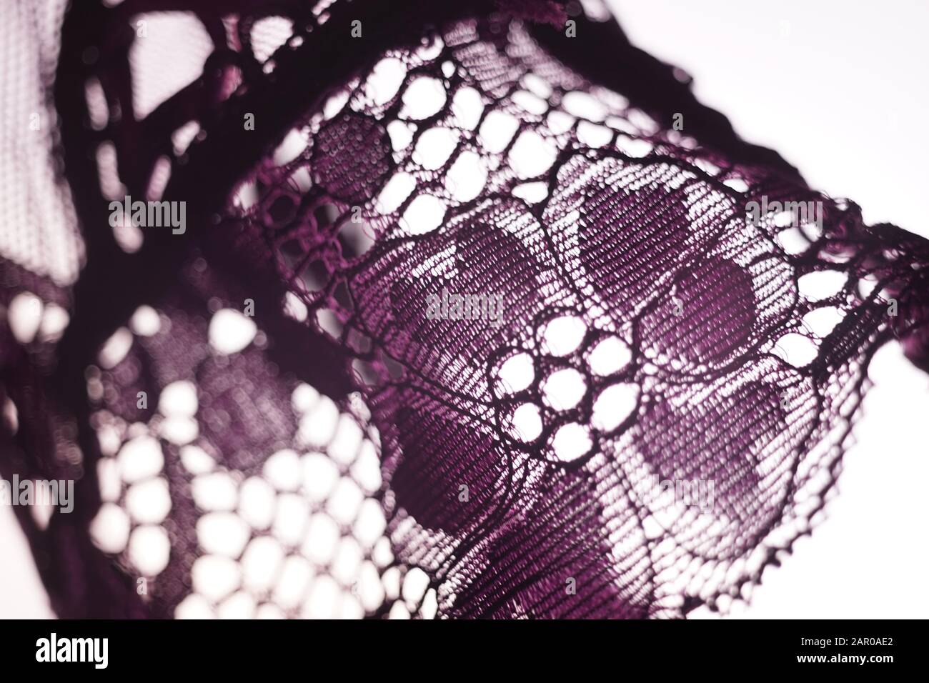 dentelle en tissu violet sur fond blanc, mise au point artistique Banque D'Images