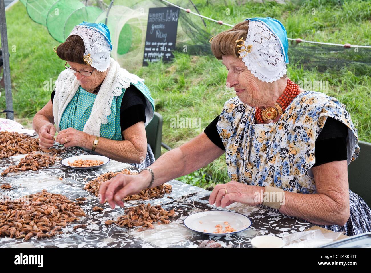 Les femmes en costume néerlandais traditionnel peel les crevettes de la mer du Nord à la main, un vieux métier et typiquement néerlandais Banque D'Images