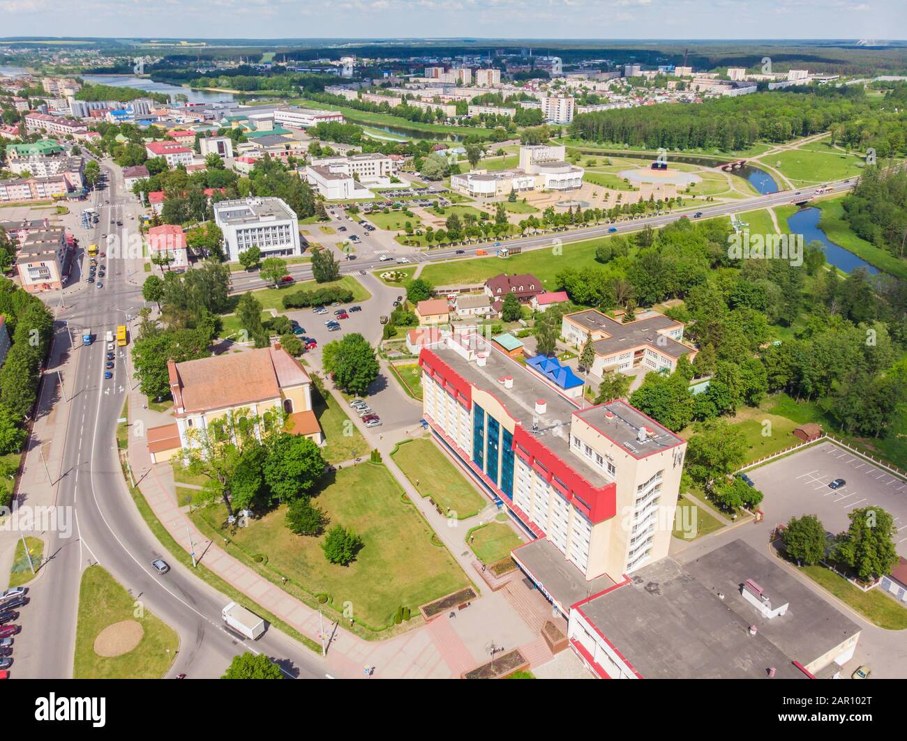 Panorama aérien d'été de la ville de Lida. Biélorussie. Banque D'Images
