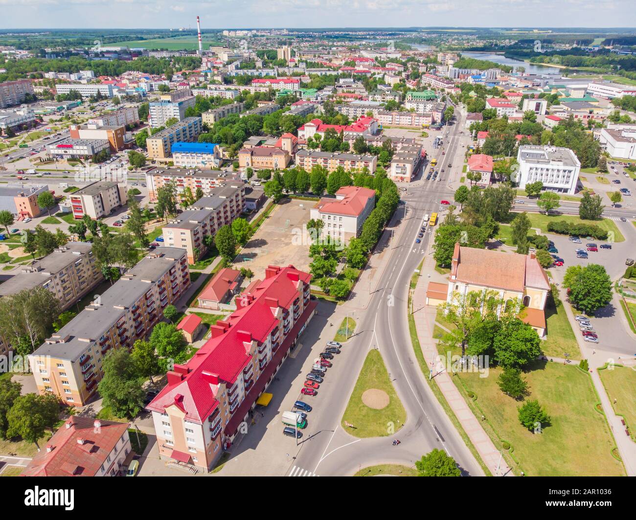 Panorama aérien d'été de la ville de Lida. Biélorussie. Banque D'Images