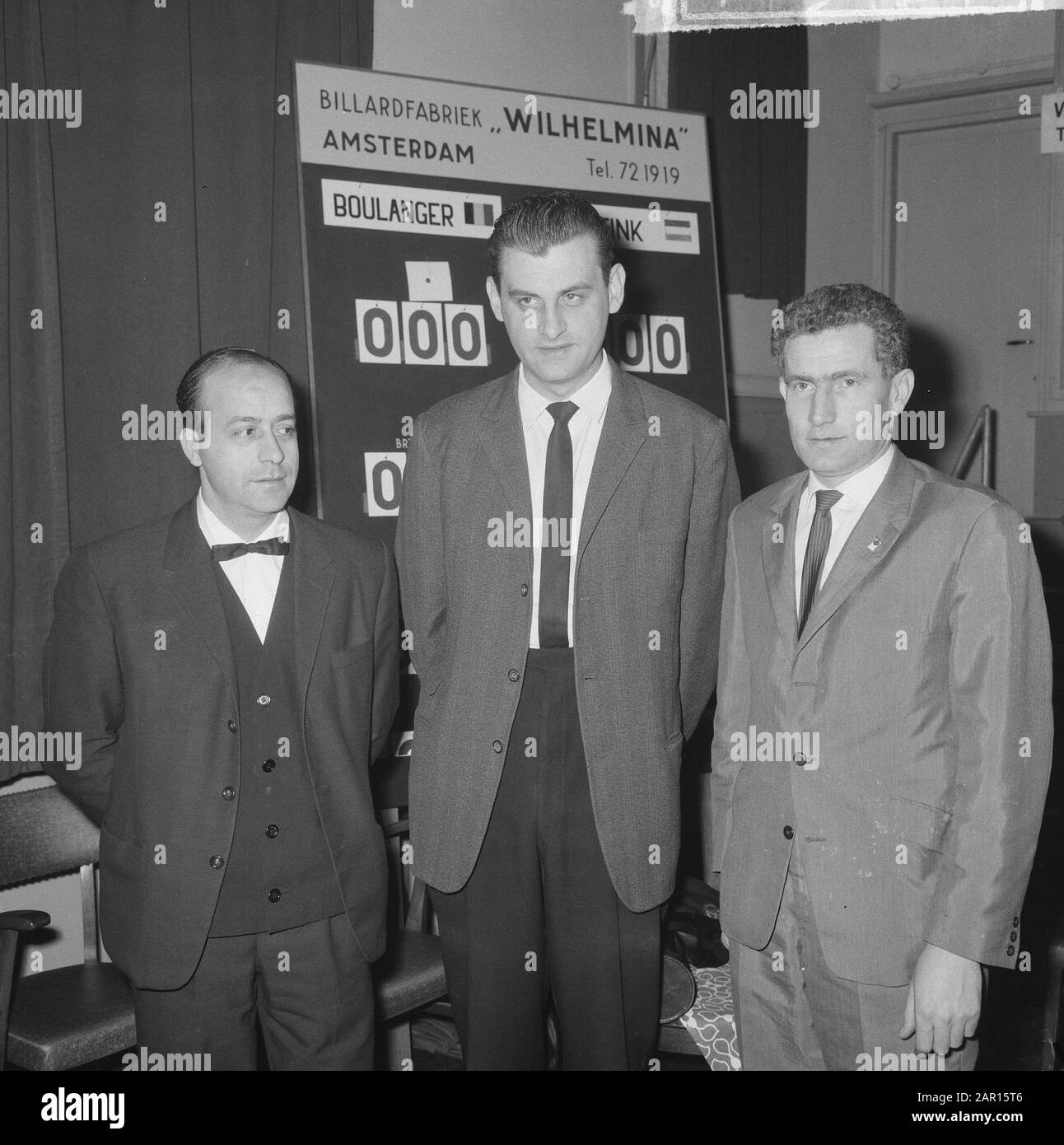 Cadre européen d'ancrage de championnat 47/1 à Apeldoorn, Galvez, Boulanger, Wines Date: 14 mars 1965 lieu: Apeldoorn, Gueldre mots clés: CHAMPIONSHELS, billard Nom De La Personne: Boulanger, Galvez Banque D'Images