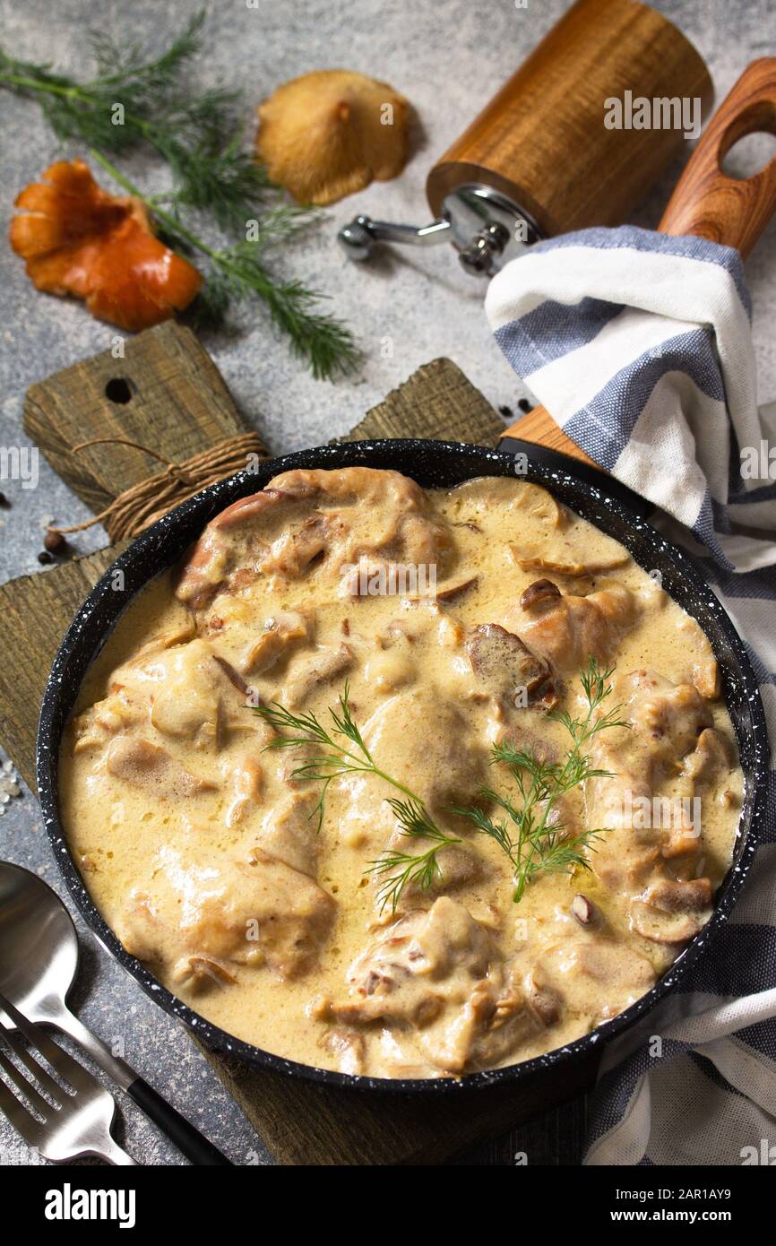 Fricasse - Cuisine Française. Poulet cuit dans une sauce crémeuse aux champignons dans une poêle sur fond de pierre légère. Banque D'Images