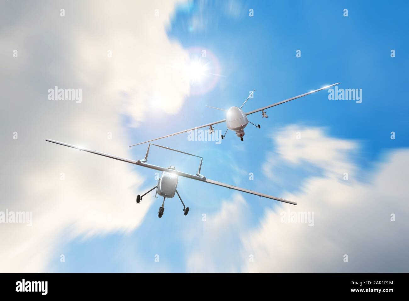 Poursuite du mouvement de vitesse un drone militaire à d'autres, combat aérien Banque D'Images