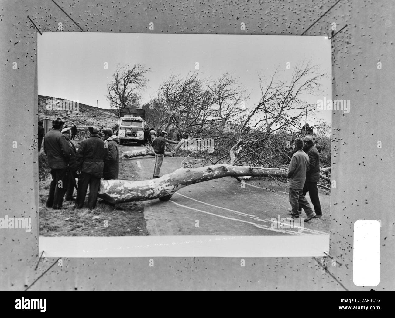 Les producteurs bloquent les routes et les chemins de fer dans le sud de la France pour entraver les importations de légumes espagnols; troncs d'arbres sur la route Date: 25 janvier 1971 lieu: France, Espagne mots clés: Blocages Banque D'Images