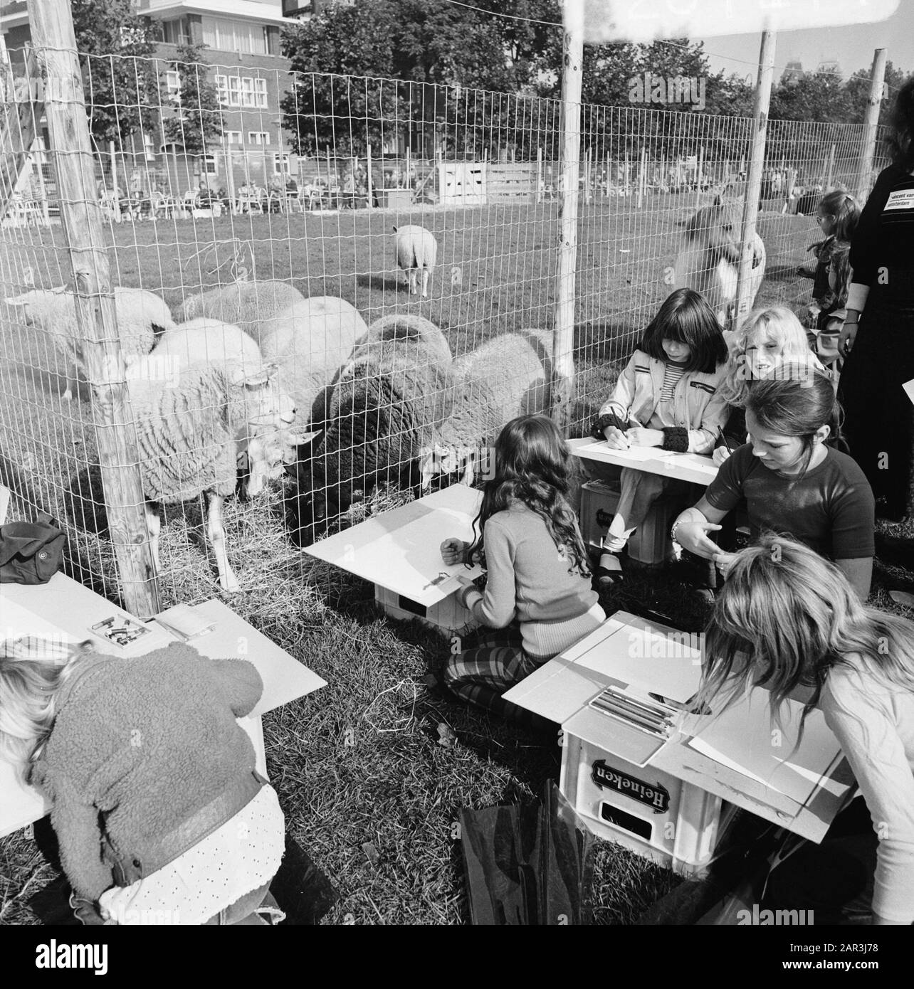 Les enfants qui dessinant des animaux sur la place du Museumplein à Amsterdam en raison de la Journée mondiale des animaux Date: 4 octobre 1973 lieu: Amsterdam, Noord-Holland mots clés: Animal, enfants, SIGNATURE Banque D'Images