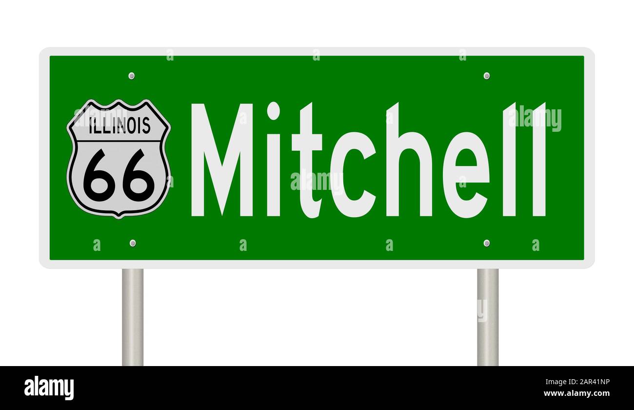 Affichage d'un panneau vert pour Mitchell Illinois sur la route 66 Banque D'Images