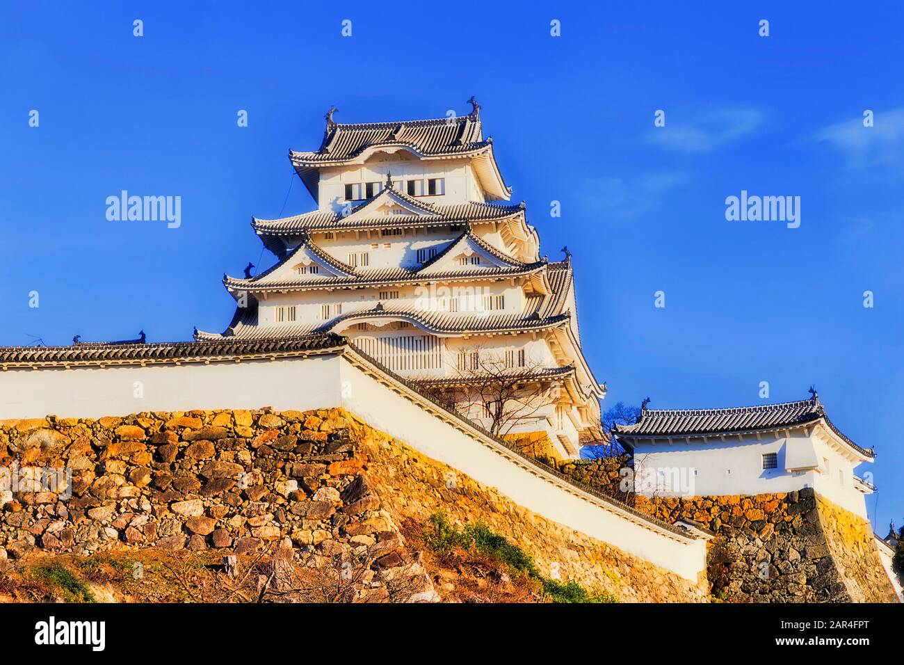 Complexe architectural historique du château de shogun avec tours blanches et murs en pierre contre le ciel bleu au Japon. Banque D'Images
