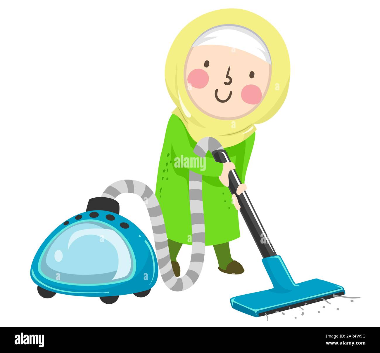 Illustration d'une fille musulmane de Kid Portant Hijab et Passer L'Aspirateur comme partie de Ses Tâches ménagères Banque D'Images