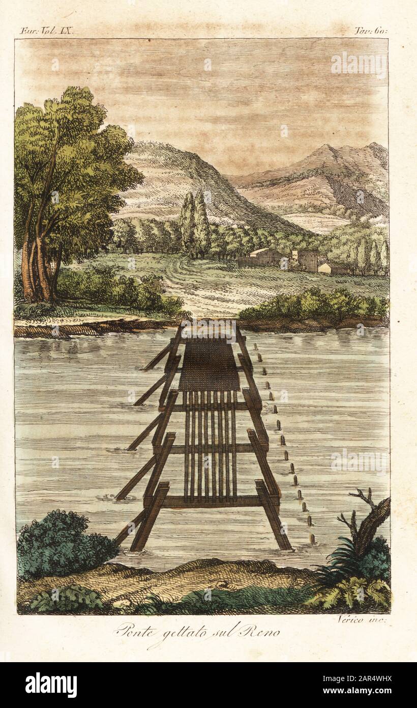 Pont romain sur le Rhin, Allemagne. Construit par Julius César et ses légions à l'aide de pilages et poutres en bois pendant la guerre gauloise. Ponte gettato sul Reno. Gravure en copperplate de couleur à la main par Antonio Verico des costumes de Giulio Ferrario ancien et Moderne des peuples du monde, il Costume Antico e Moderno, Florence, 1844. Banque D'Images