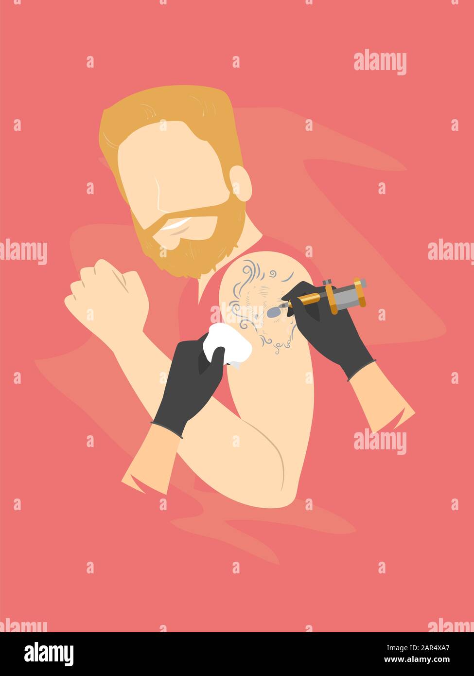 Illustration d'un homme avec moustache et barbe obtenir Tattoo sur son bras De Mains Porter des gants Avec Tattoo Gun et coton serviette Banque D'Images
