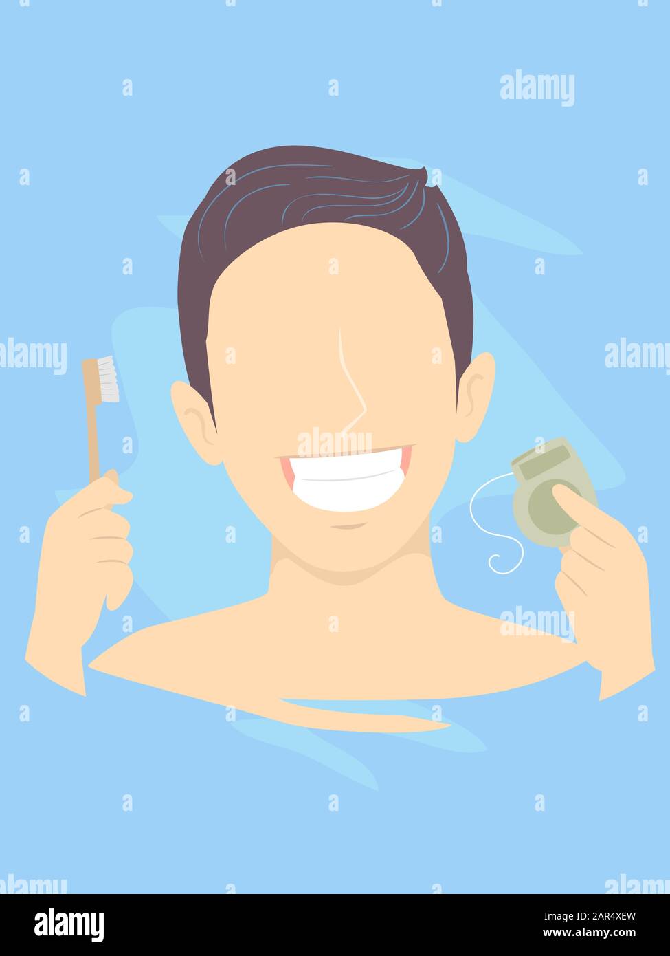 Illustration d'un homme Smiling Largement Montrant Des Dents Blanches Brillantes et tenant une Brosse À Dents en bois et dentaire Foss Banque D'Images