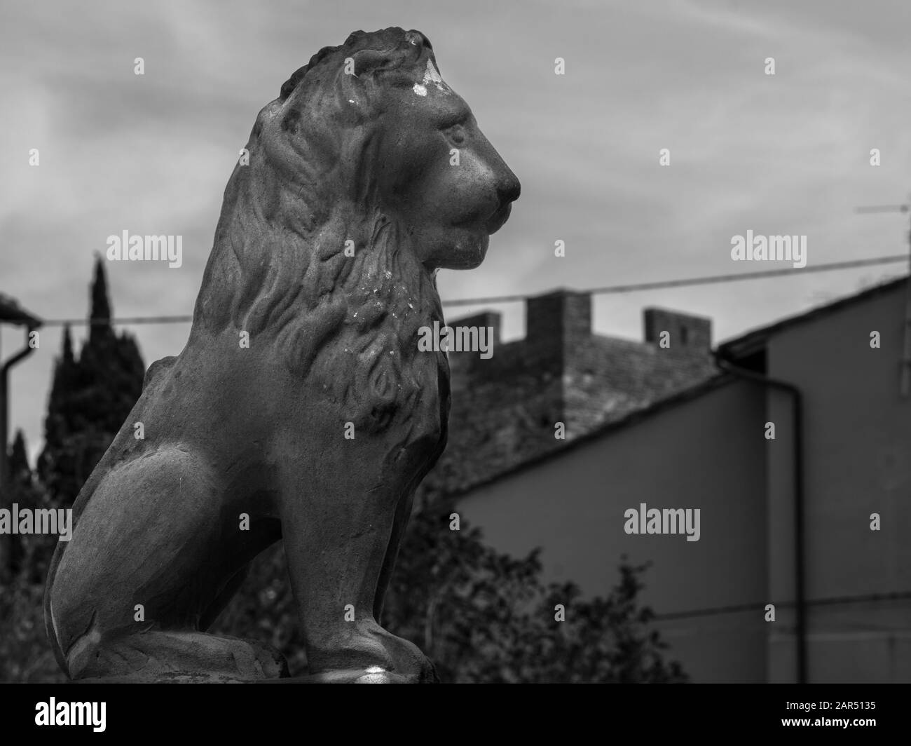 Sculpture Lion en noir et blanc à l'entrée d'une maison Banque D'Images