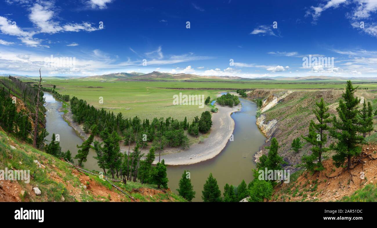Vallée avec le virage de la rivière Orkhon Banque D'Images