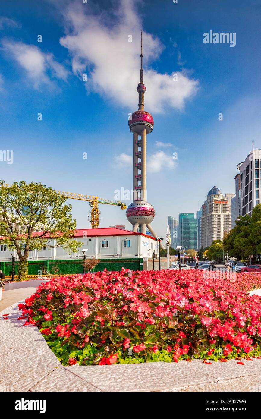 1er décembre 2018 : Shanghai, Chine - lits de fleurs devant la Tour de télécommunications de la Perle orientale, dans le district de Pudong à Shanghai, Chine. Arc Banque D'Images