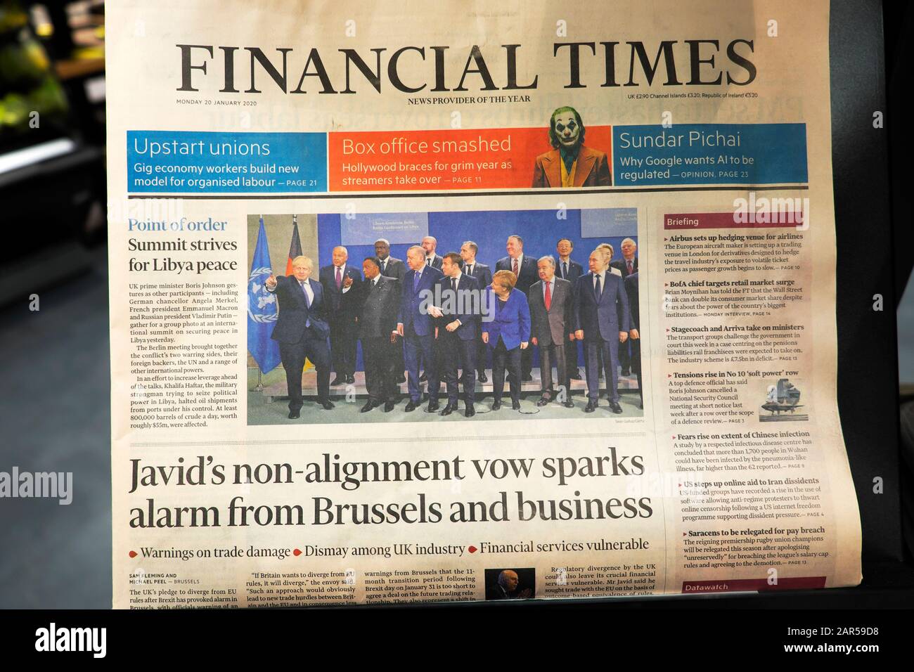 Financial Times FT première page titre 'la voeu non-alignement de Javid déclenche l'alarme de Bruxelles et d'affaires' 20 janvier 2020 Londres UK Banque D'Images