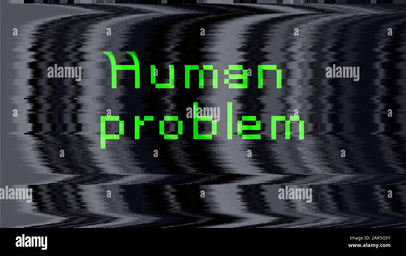 PROBLÈME humain pixels verts texte sur l'ancien écran statique de tv, perturbations Banque D'Images