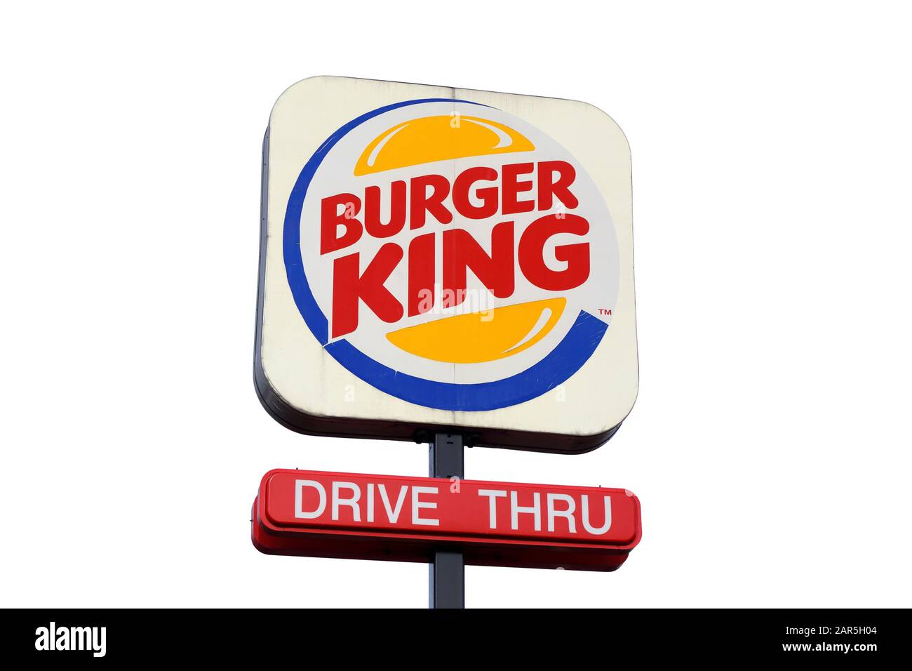 Signalisation pour un Burger King isolé sur un fond blanc Banque D'Images