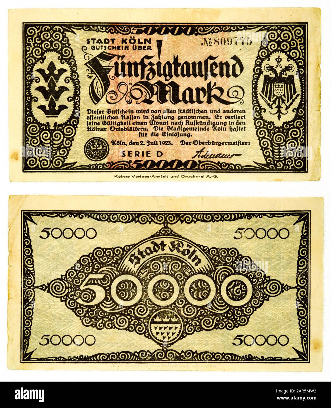 Ancienne loi allemande 50000 Mark de 1923 pendant la crise économique après la première guerre mondiale Banque D'Images