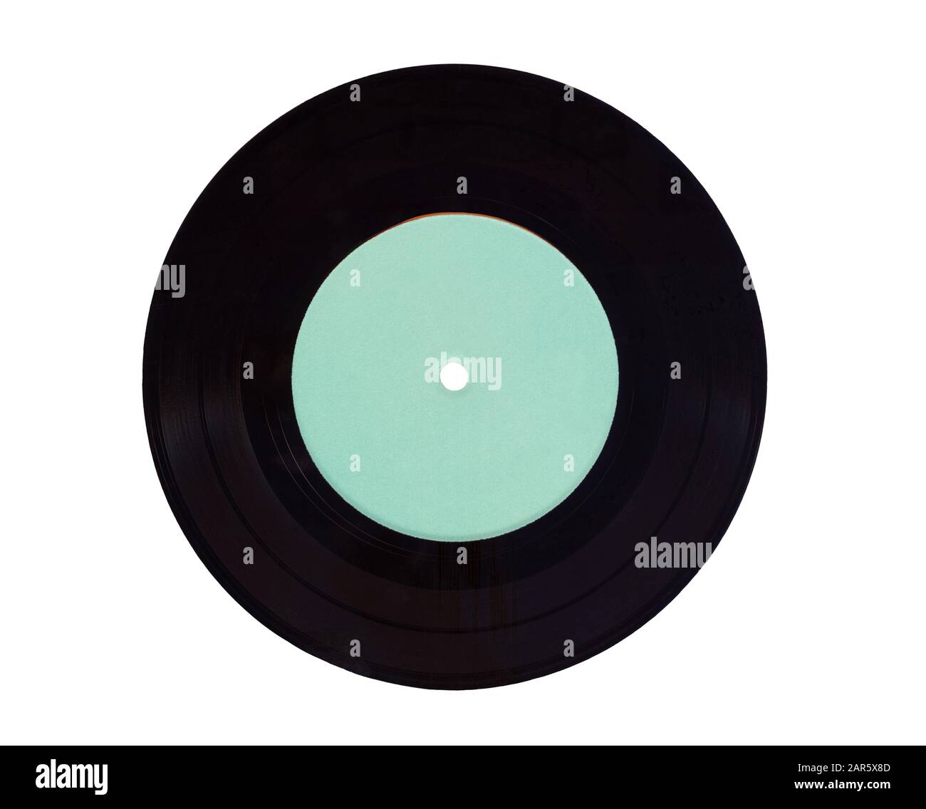 Ancien disque vinyle noir rétro de 33 tr/min avec étiquette blanche de couleur bleue sur fond blanc. Il s'agit d'une numérisation haute résolution. Banque D'Images