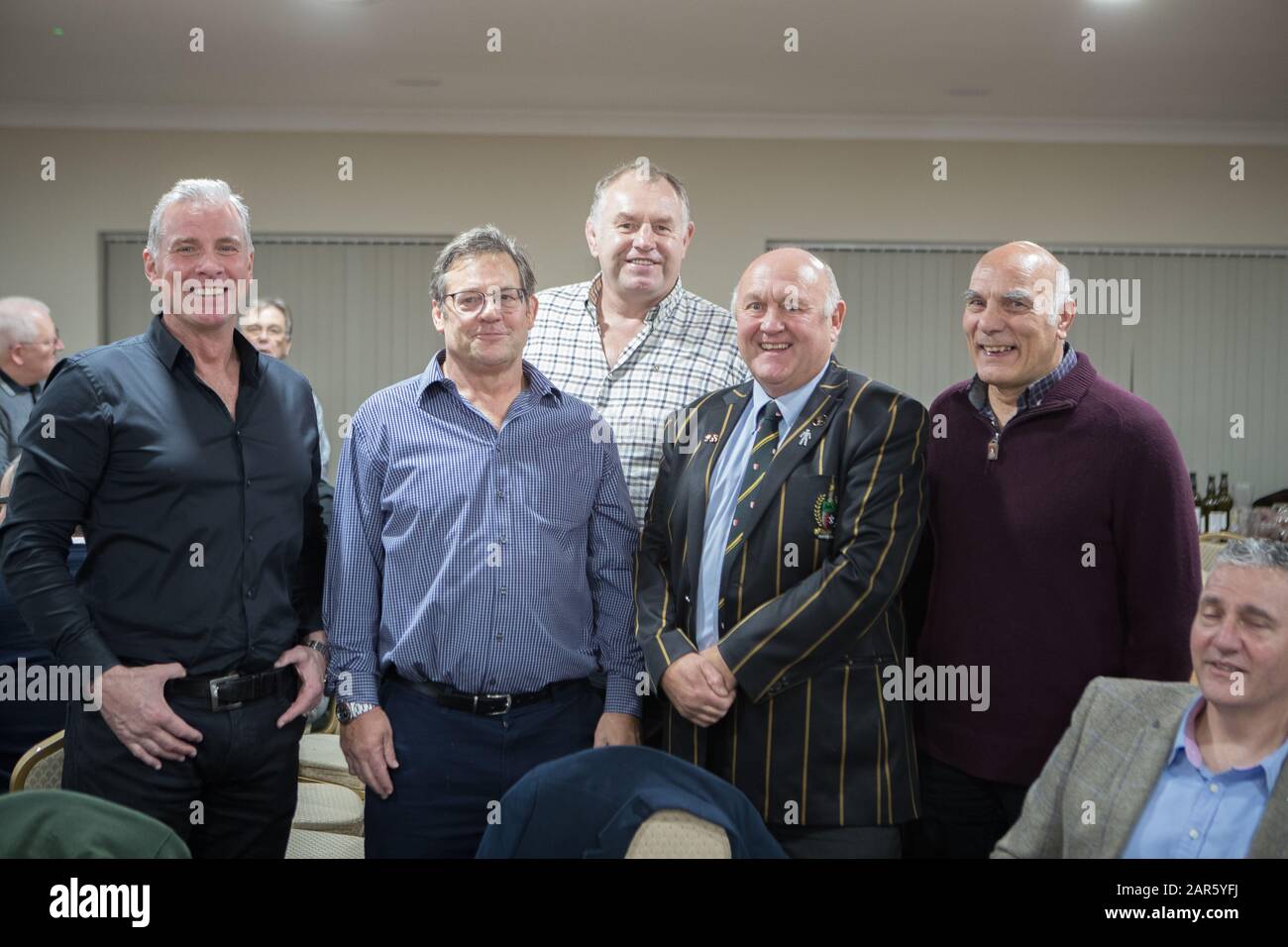 25.01.2020, Hinckley, Leicester, Angleterre. Rugby Union, Hinckley rfc v Sedgley Park rfc. Ex Hinckley et Tigers anciens (Dean Richards, John Duggan, Steve avant) à la réunion de la JCC tenue pendant le match de la Ligue nationale 2 Nord (NLN) de la RFU joué au stade de Leicester Road. Banque D'Images