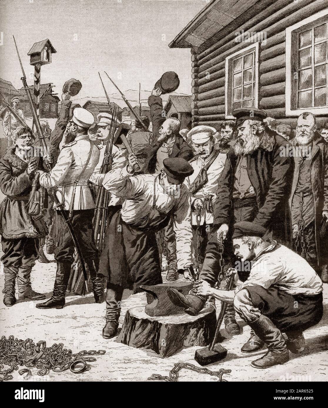 Les condamnés en Sibérie sont conscrits pour se battre dans la guerre russo-japonaise. La Guerre Russo-Japonaise. Une digue de forcats dans les bagnes Russes de si Banque D'Images