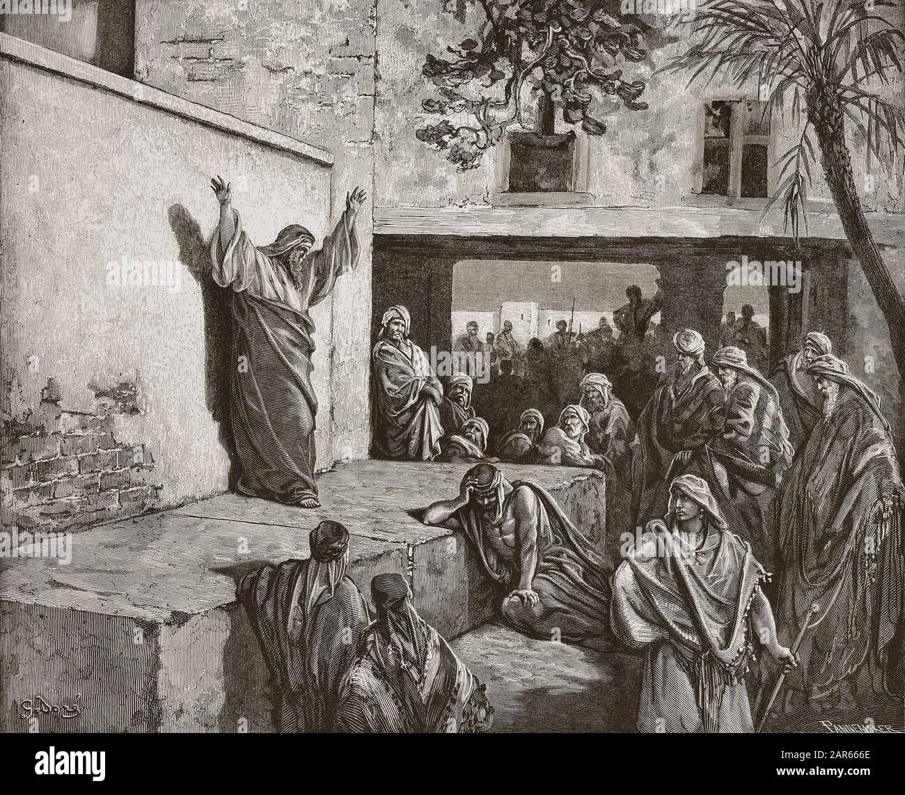 Michée le prophète moreshite prêchant aux Israélites, gravure de Gustave Dore - 'le prophéte Michee exhortant le péuple d'Israël a la pénitence' Banque D'Images