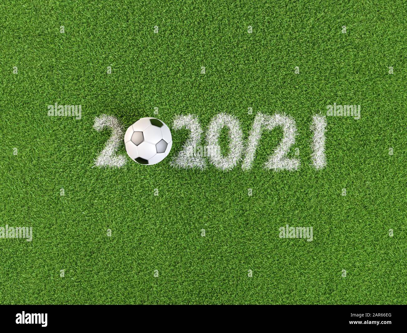 Rendu tridimensionnel : ballon de football aux dates 2020/2021. Concept pour la saison de football 2020/2021. Espace de copie autour. Banque D'Images