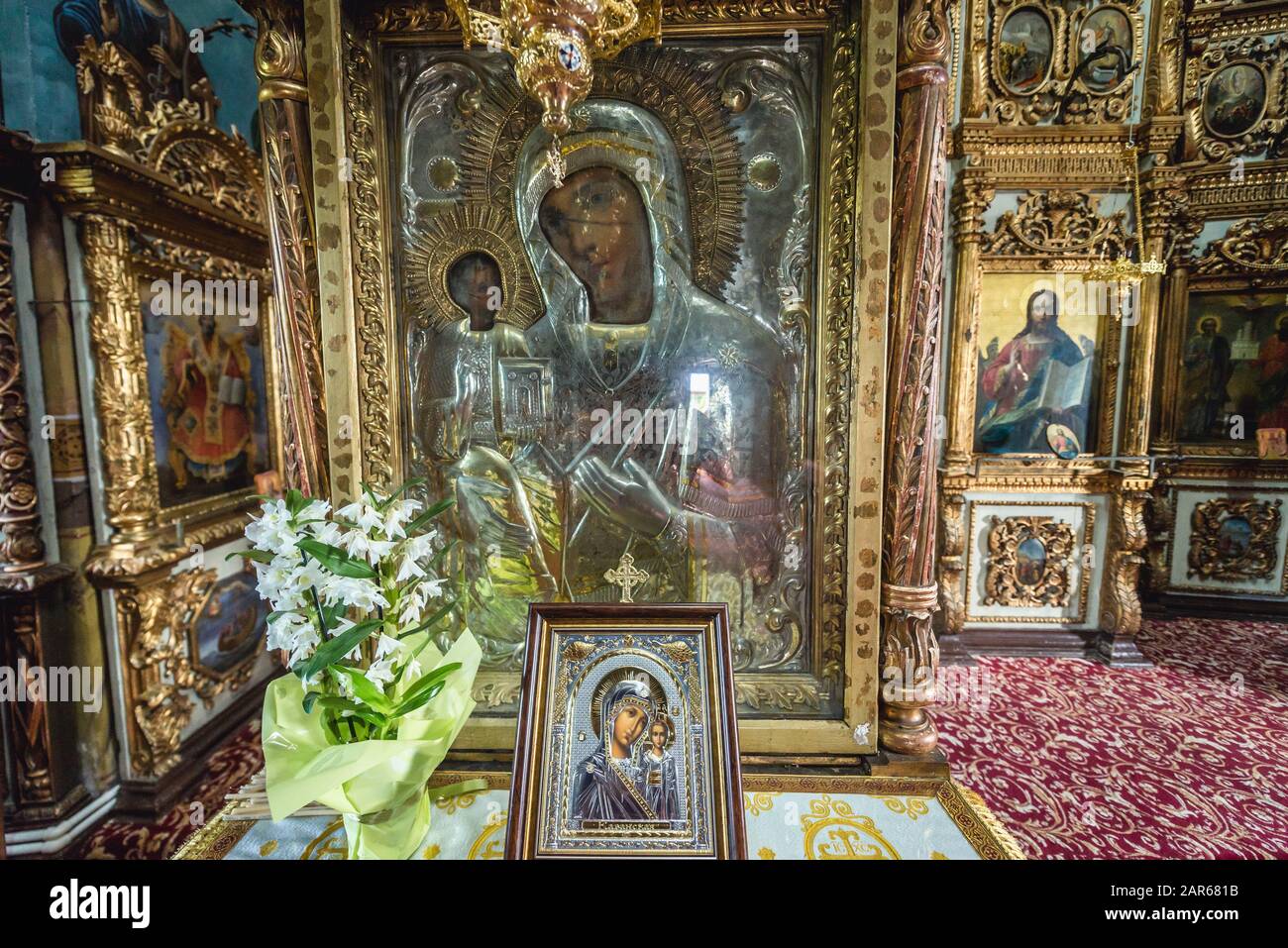 Icône Madonna dans l'église du monastère de Ciolanu de moines orthodoxes de l'est, située entre les communes de Tisau et de Magura dans le comté de Buzau, Roumanie Banque D'Images