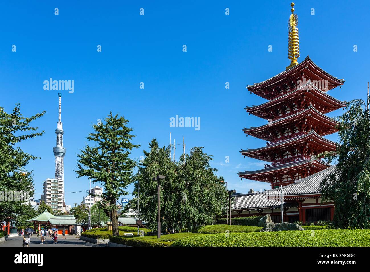 Vue sur la pagode du temple d'Asakusa et sur la tour de télévision de Tokyo Sky Tree. Tokyo, Japon, Août 2019 Banque D'Images