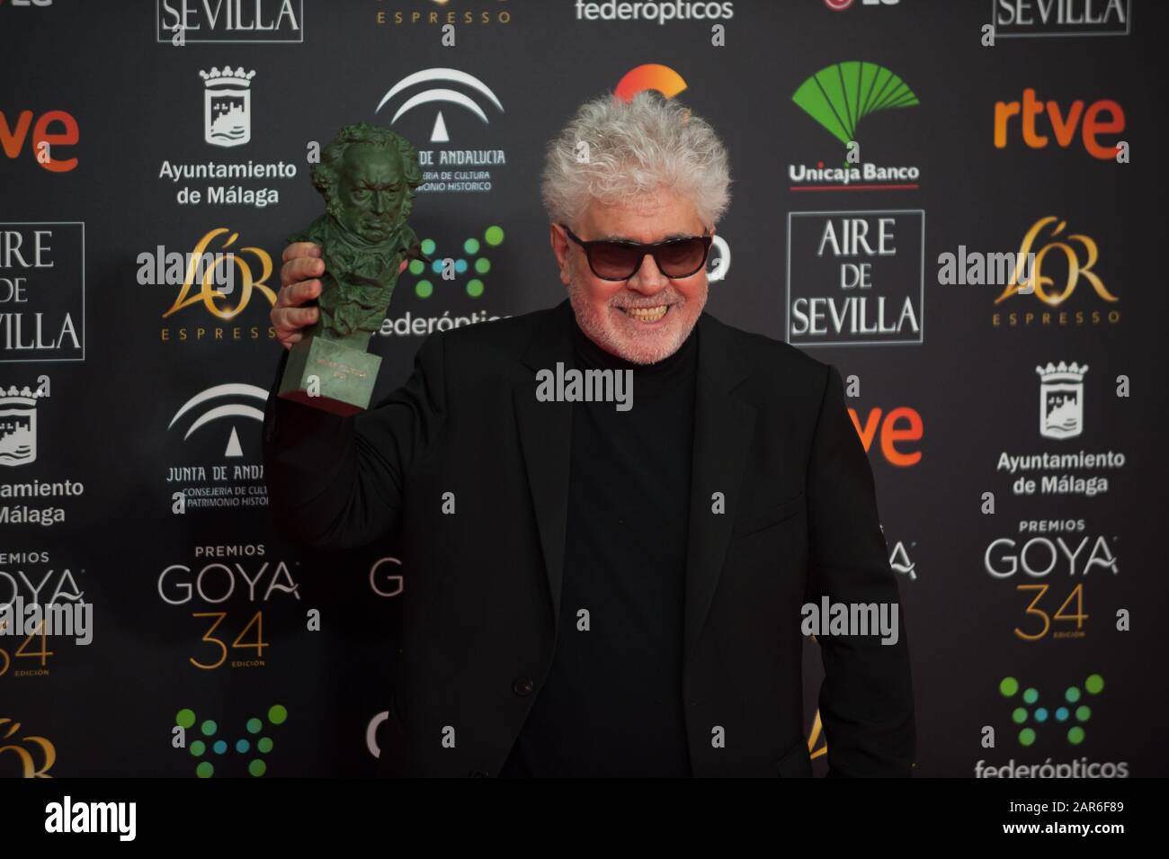 Le directeur espagnol Pedro Almodovar pose avec son prix Goya pour le meilleur directeur de 'Dilor y Gloria' (Pain et gloire) lors de la 34ème édition de la cérémonie des Prix Goya de l'Académie du film espagnol, au palais sportif Jose Maria Martin Carpena. Banque D'Images