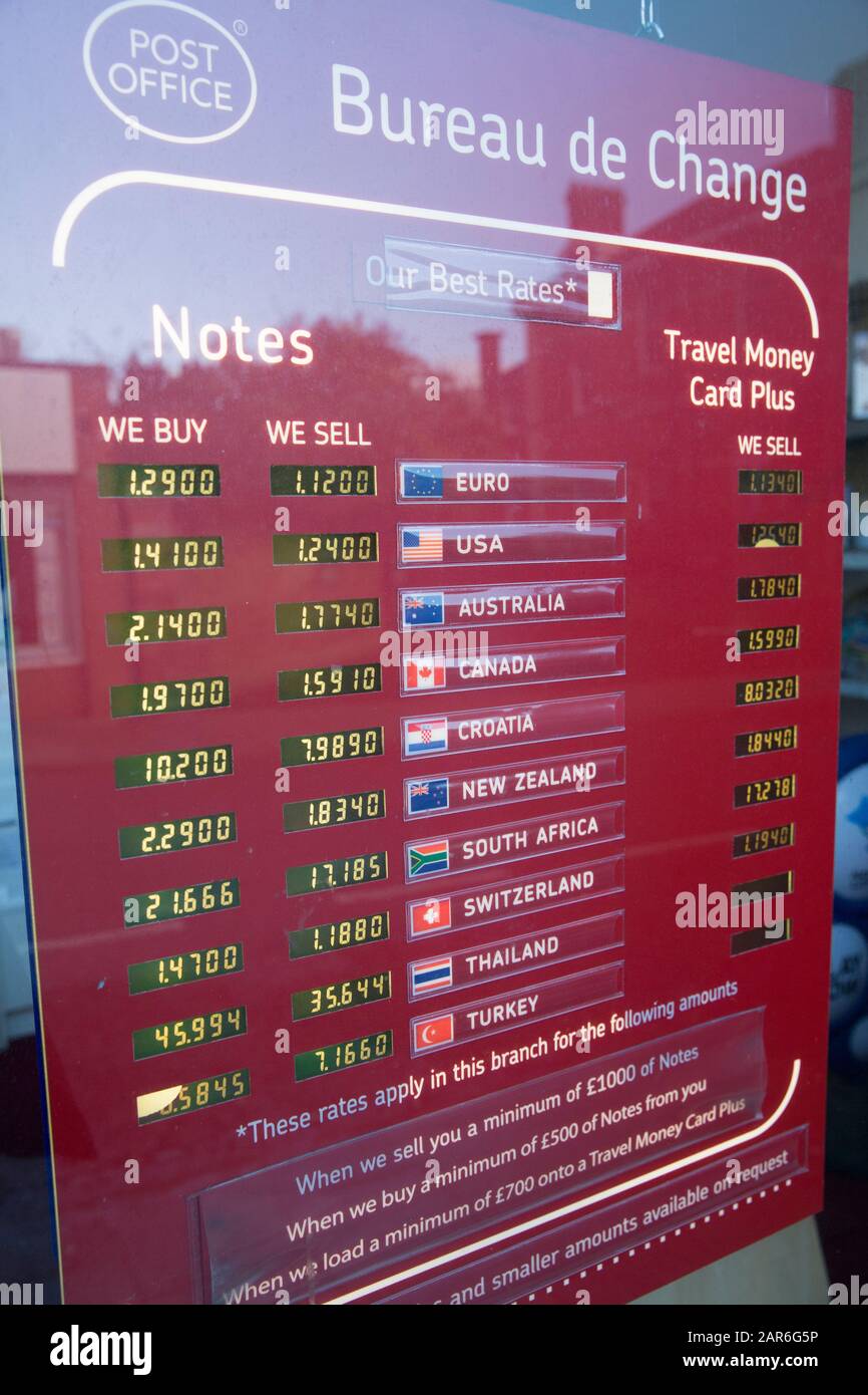 Un bureau de change s'affiche dans la fenêtre d'un bureau de poste. Dorset Angleterre Royaume-Uni GB Banque D'Images