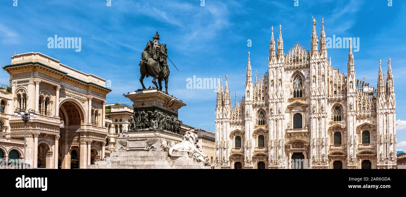 Panorama du centre-ville de Milan, Italie. Galleria, monument à Victor Emmanuel et à la cathédrale de Milan en été. Cet hôtel est une attraction touristique de premier plan Banque D'Images