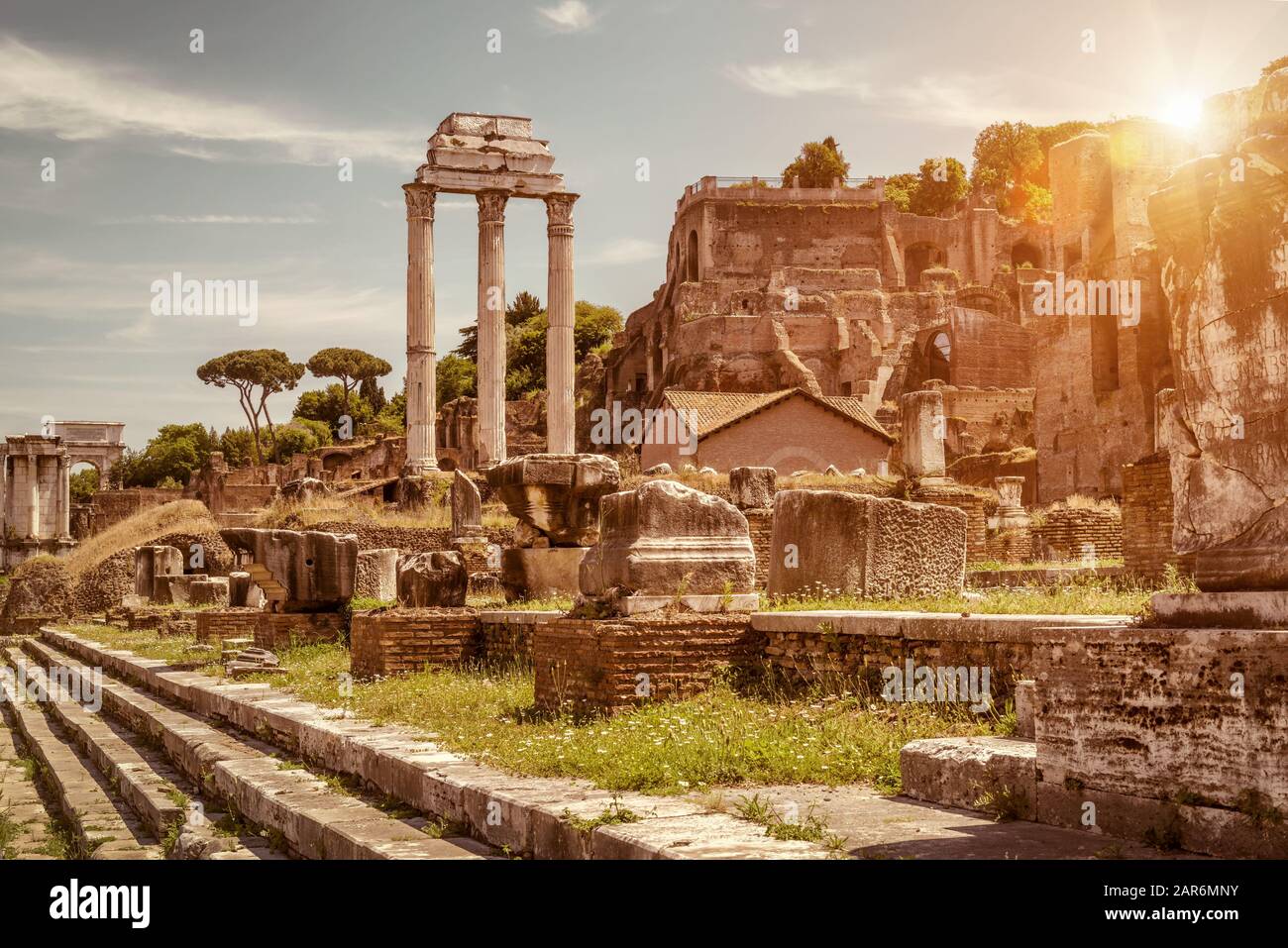 Ruines du Forum romain en été, Rome, Italie. Le Forum romain est le reste de l'architecture de l'Empire romain et est l'un des principaux touristes Banque D'Images