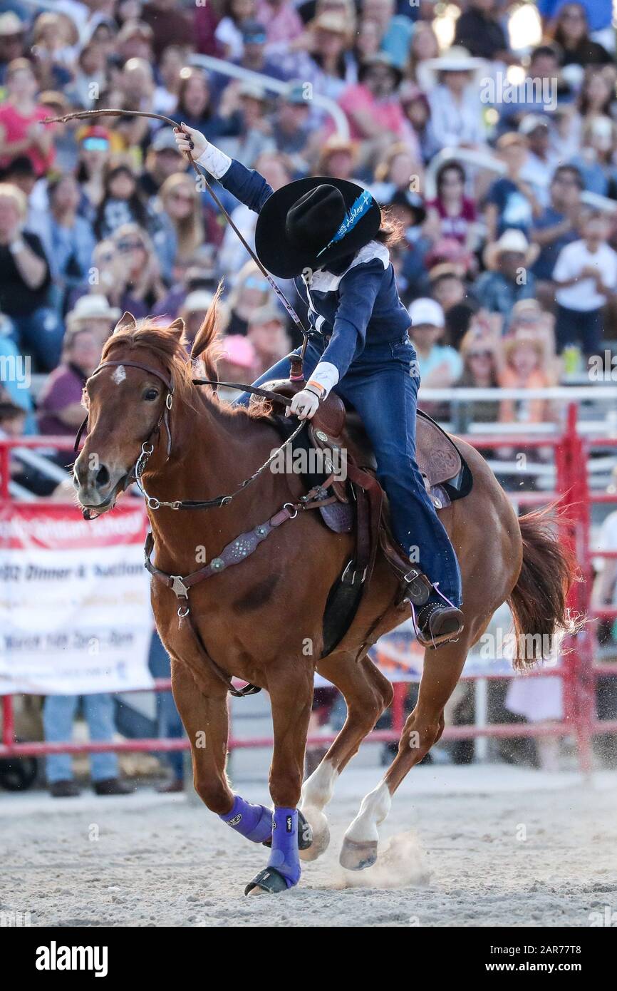 25 janvier 2020 : Katie Brown participe à l'événement Barrel Racing lors du 71ème rodéo du championnat Homestead au Doc DeMilly Rodeo Arena de Harris Field à Homestead, en Floride. Mario Houben/CSM Banque D'Images