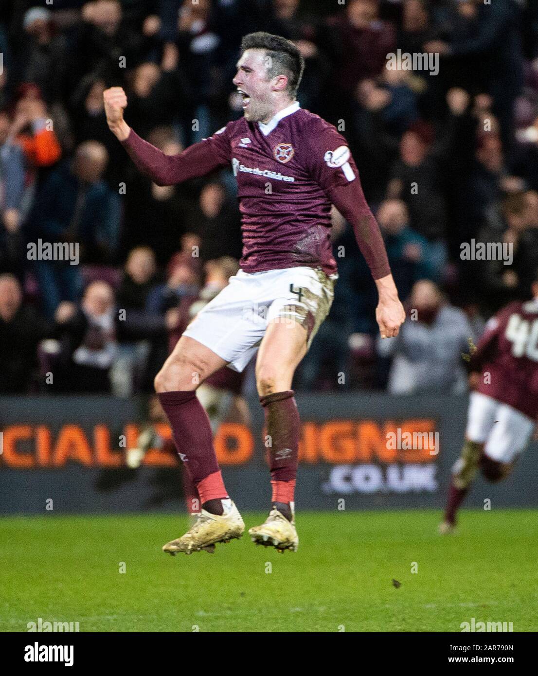 Édimbourg, Royaume-Uni. 26 janvier 2020. Pic montre: Un centre-arrière de coeurs ecstatiques, John Soutar, comme coeurs battent Rangers 2-1 dans le prémierhierhip écossais de Ladbrokes, Tynecastle Park, Édimbourg. Crédit : Ian Jacobs/Alay Live News Banque D'Images