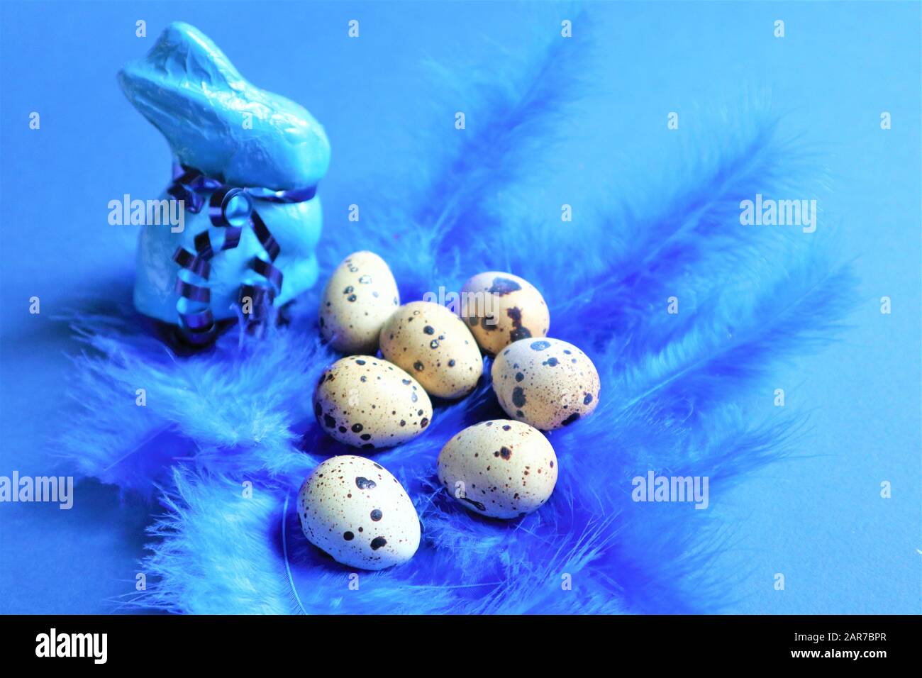 Concept de Pâques. Œufs de caille et lapin bleu sur plumes d'oiseaux bleus dans une couleur tendance sur un fond bleu. Couleur tendance 2020. Vue de dessus. Espace de copie Banque D'Images