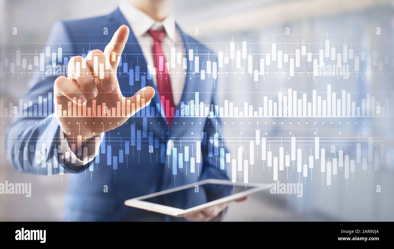 Diagramme de bougies stock trading graphique de l'entreprise Financement de l'investissement mixte concept double exposition écran virtuel Banque D'Images