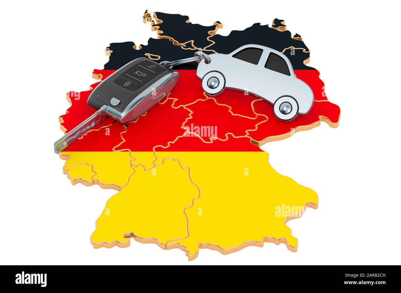 Vente ou location de voiture en Allemagne concept, rendu tridimensionnel isolé sur fond blanc Banque D'Images