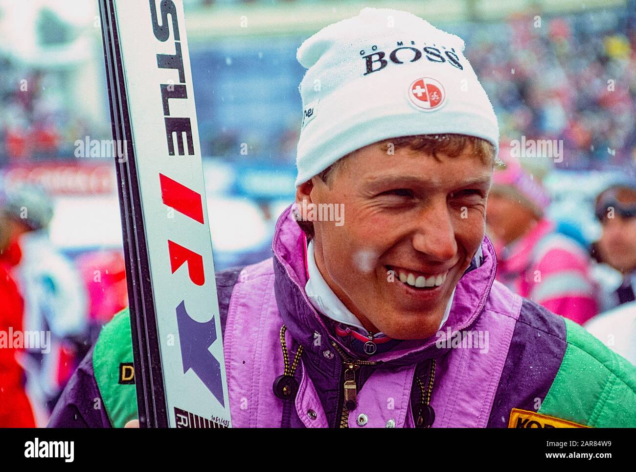 Pirmin Zurbriggen, de Suisse, en compétition aux Championnats du monde de ski alpin FIS de 1989 Banque D'Images