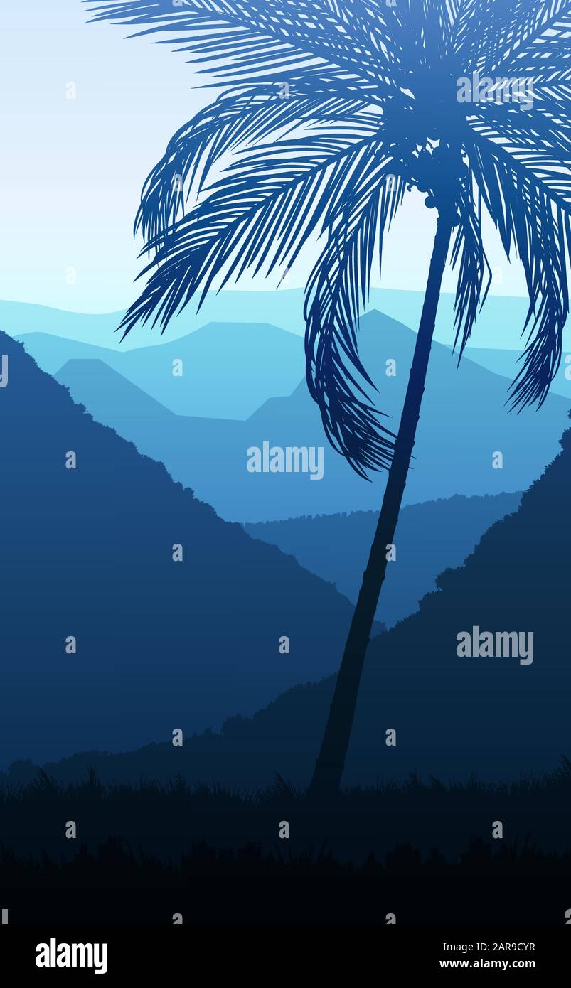 Naturel Coconut arbres montagnes horizon collines silhouettes d'arbres et de collines dans le soir lever du soleil et coucher du soleil papier peint paysage Illustration vecteur Illustration de Vecteur