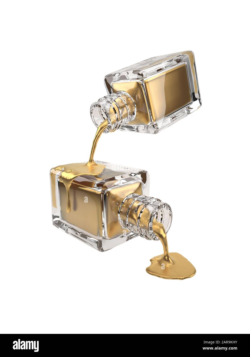 illustration tridimensionnelle d'une bouteille de cosmétiques en or avec gouttes, isolée sur blanc avec jeu de chemins d'écrêtage Banque D'Images