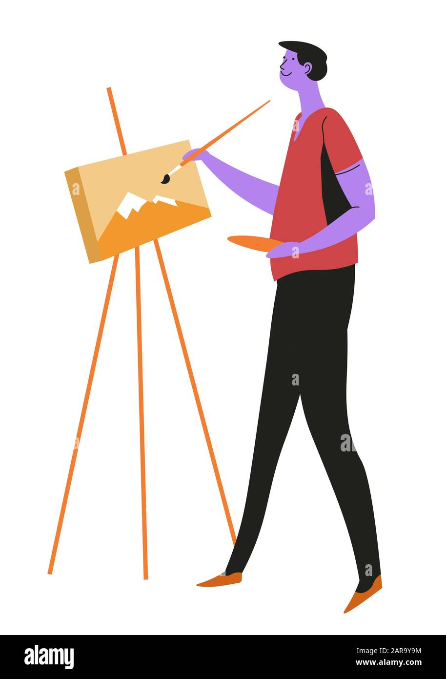 Artiste ou peintre avec chevalet et pinceau, personnage masculin isolé Illustration de Vecteur